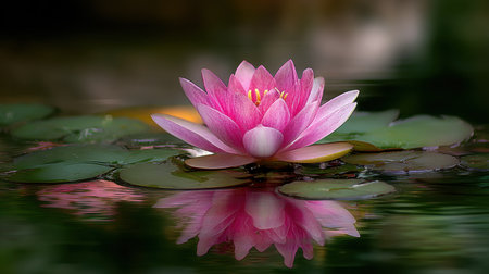 This stunning image captures an elegant pink lotus flower gracefully blooming in a tranquil pond, surrounded by lush green lily pads and soft water reflections.の素材