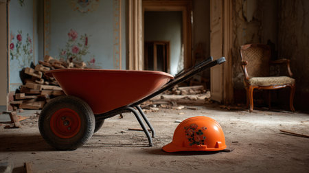 This image captures an abandoned construction site featuring an orange wheelbarrow and safety helmet. Dust and debris create a neglected yet intriguing atmosphere.の素材