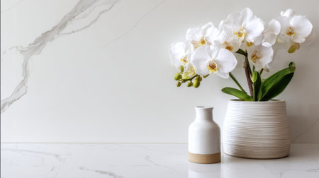 A stunning arrangement of white orchids in a sleek ceramic vase set against a light marble background, showcasing elegance and tranquility in interior decor.の素材