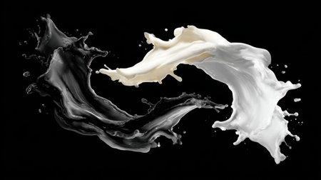 This striking image captures the dynamic motion of black and white liquid splashes, elegantly contrasting against a dark background. Ideal for artistic projects.の素材