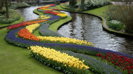 A picturesque garden features a winding pathway adorned with vibrant flowers alongside a serene river. The colorful blooms create a stunning natural display, reflecting the harmony of springtime in an idyllic outdoor setting.の素材