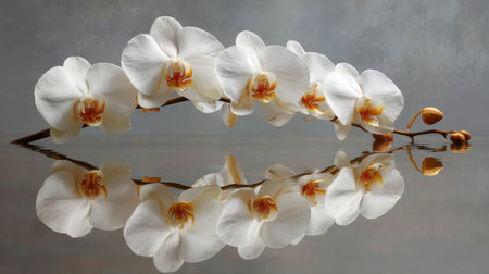 A stunning arrangement of elegant white orchid blossoms perfectly reflected on a gentle water surface, set against a soft gray background, showcasing nature's beauty.の素材