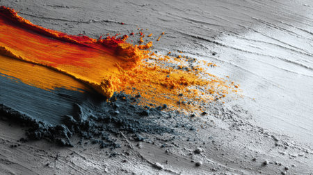 This image showcases an abstract artistic composition featuring vibrant colors of red, orange, and blue against a textured gray background, ideal for creative projects.の素材