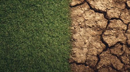 This image showcases the striking contrast between vibrant green grass and parched, cracked soil, highlighting the impacts of drought and environmental change.の素材