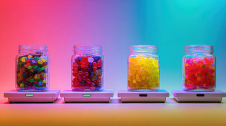 This image showcases colorful jars filled with various candies placed on digital scales, highlighted by vibrant lighting, perfect for sweet treat concepts.の素材
