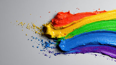 This image features a striking rainbow paint stroke against a soft grey background, showcasing a blend of vibrant colors ideal for artistic and design projects.の素材