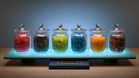 A captivating display of colorful candy jars arranged neatly on a modern scale, illuminated by soft backlighting. This design creates a joyful atmosphere perfect for promoting delightful treats.の素材