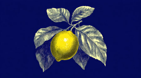 This vintage-style illustration showcases a ripe lemon with delicate leaves on a contrasting dark background. Ideal for culinary themes and natural design.の素材
