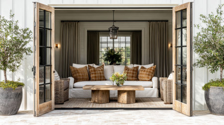 This image showcases a beautifully designed living room that combines comfort and style, featuring large windows that invite natural light and a chic decor.の素材