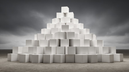 A striking composition of white cubes arranged in a pyramid structure against a moody cloudy sky, evoking themes of balance, form, and creativity.の素材