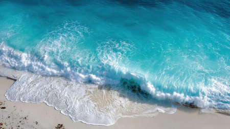 This stunning aerial view showcases serene ocean waves gently lapping against a sandy beach, enveloped in bright sunlight and vibrant blue waters.の素材