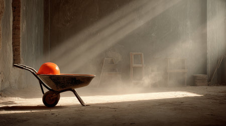 A serene scene in an abandoned construction site, featuring a wheelbarrow and an orange hard hat resting in the dust, with soft sunlight streaming in.の素材