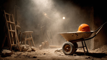 An abandoned construction site features a dusty wheelbarrow with an orange safety helmet, surrounded by tools and debris in a dimly lit environment.の素材