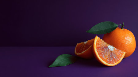 A captivating composition featuring a whole orange and fresh slices accompanied by green leaves, set against a vibrant purple background, perfect for nutrition themes.の素材