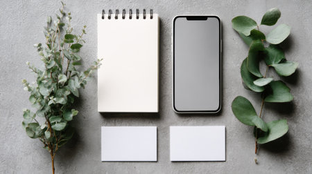 A clean and modern workspace featuring a smartphone, a blank notepad, fresh greenery, and white business cards on a textured gray surface.の素材