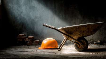 A wheelbarrow rests beside a bright orange hard hat in a dimly lit room, showcasing the essence of construction work and the beauty of simple tools.の素材