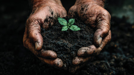 A close-up image of hands holding rich soil with a small green plant, symbolizing new life and the connection between humanity and nature.の素材
