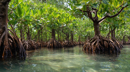 An enchanting view of a vibrant mangrove forest featuring towering trees with exposed roots, thriving in clear water under bright sunlight.の素材