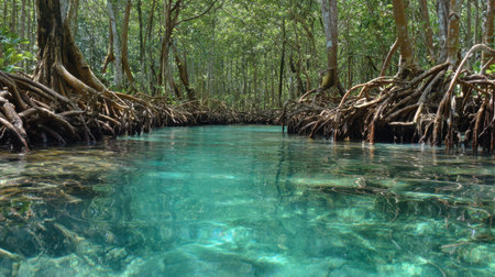 Discover the enchanting beauty of a tropical mangrove forest, featuring a tranquil river framed by lush greenery and crystal clear water, perfect for nature enthusiasts.の素材