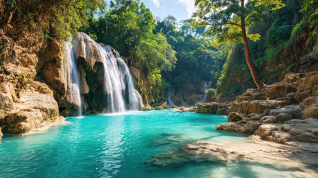 An enchanting waterfall cascades into a vibrant turquoise pool, framed by lush greenery. This picturesque scene captures the serene beauty of nature, offering a perfect escape into tranquility and adventure.の素材