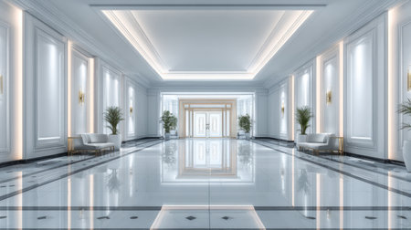 Discover a captivating lobby interior that blends elegance with modern design. The spacious area features refined lighting, minimalist furniture, and lush plants, creating an inviting atmosphere that exudes luxury.の素材