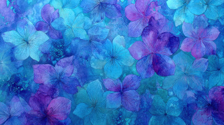 This captivating watercolor floral pattern showcases an array of blue and purple flowers, combining artistic texture and depth. Perfect for backgrounds or design projects.の素材