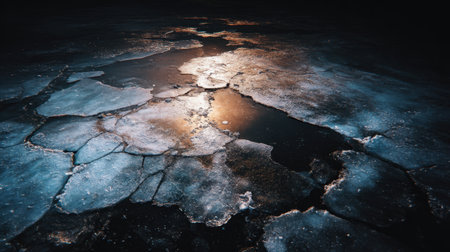 Capture the serene beauty of a frozen surface featuring cracked ice patterns under dim light. Experience the tranquility of nature in winter.の素材