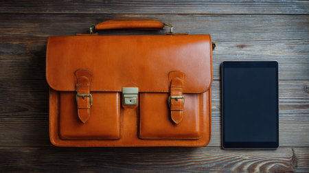 A stylish leather briefcase displayed alongside a modern tablet on a rustic wooden surface, perfect for showcasing the blend of elegance and functionality in a professional workspace.の素材