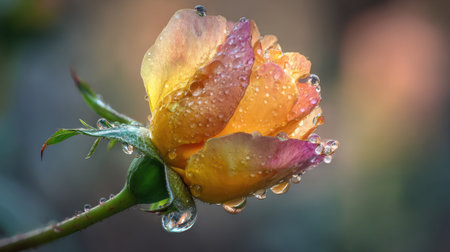 This stunning close-up image captures a delicate rose blossom adorned with glistening dew drops, set against a soft, blurred background.の素材