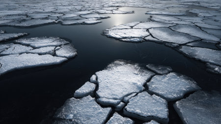 This captivating image showcases a frozen landscape with fragmented ice floes reflecting sunlight over a dark water surface, embodying winter's serene beauty.の素材
