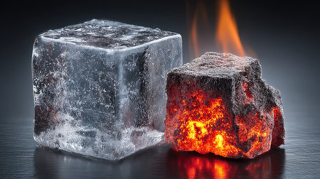 A striking visual representation of nature's extremes, showcasing a block of ice alongside a fiery lava rock, highlighting the contrast between hot and cold.の素材