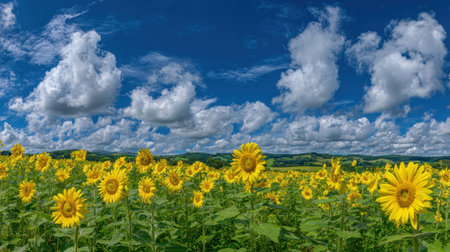 Discover a breathtaking sunflower field stretching towards the horizon, framed by a deep blue sky filled with fluffy clouds, capturing the essence of summer and tranquility.の素材