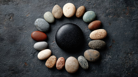 A serene circular arrangement of smooth river stones and one black stone on a dark surface. This composition evokes tranquility and harmony, perfect for relaxation themes.の素材