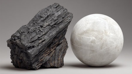 A striking juxtaposition of a textured black rock and a smooth white sphere against a soft background, exemplifying the beauty of natural materials and forms.の素材