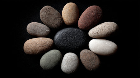 A visually striking arrangement of various natural stones, displaying a fascinating array of colors and textures, set against a black background.の素材