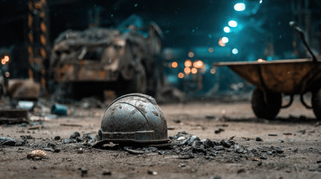 An abandoned safety helmet rests on the ground in an industrial workspace filled with debris and dim lighting. The atmosphere suggests a once-busy area, now silent.の素材