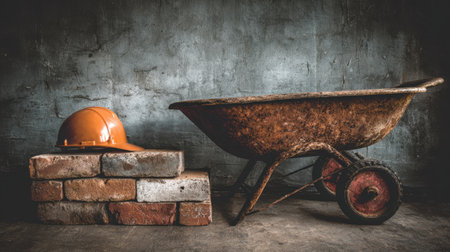 This image features classic construction tools including an orange hard hat and a rusted wheelbarrow resting on bricks, against a weathered wall, reflecting a vintage worksite atmosphere.の素材