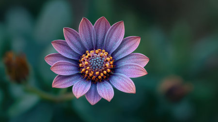 This captivating close-up image showcases a vibrant purple flower with intricate petals and striking yellow stamen, set against a soft green background.の素材