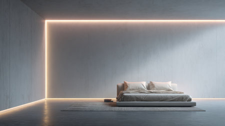 A serene and modern minimalistic bedroom featuring soft lighting and neutral tones, designed for comfort and relaxation in contemporary style.の素材