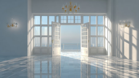 Bright and spacious room features open doors leading to a stunning ocean view. Elegant chandeliers and marble floor enhance the tranquil atmosphere.の素材