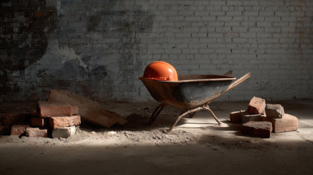 A sturdy wheelbarrow rests against a textured wall, accompanied by an orange safety helmet and piles of bricks, symbolizing construction and labor activities.の素材
