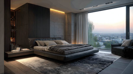 A stylish modern bedroom showcasing minimalist design elements, large windows, and a serene sunset view, creating a cozy and tranquil atmosphere.の素材