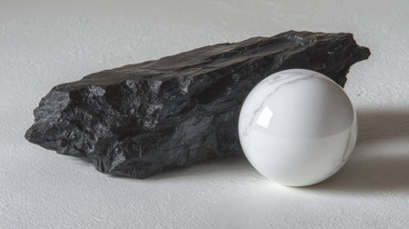 This image features a striking contrast between a smooth white marble sphere and a rough dark coal rock set on a subtle textured surface, showcasing artistic elegance.の素材