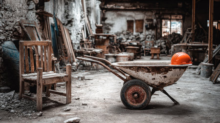This image captures an abandoned workshop featuring a weathered wheelbarrow, a bright orange construction helmet, and scattered tools, evoking a sense of nostalgia.の素材