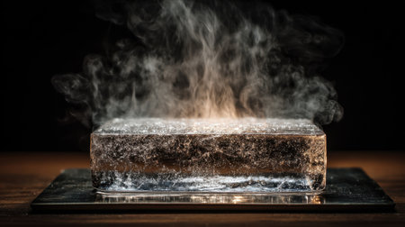 A captivating image featuring a clear ice block emanating steam and vapor against a dark background, showcasing the interplay of temperature and light.の素材