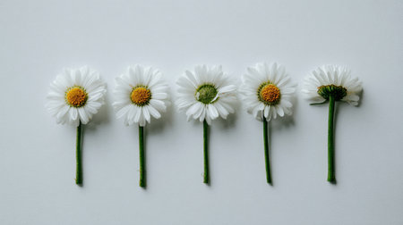 Five delicate white daisies with yellow centers lie in a straight line against a soft neutral background, showcasing natural beauty and simplicity in floral arrangements.の素材