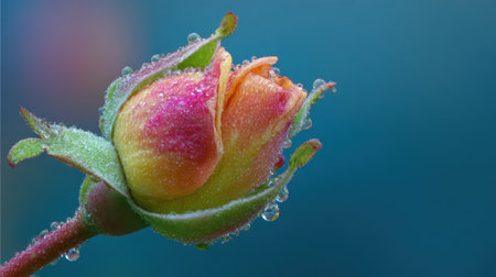 A stunning close-up of a delicate rose bud adorned with droplets of dew, showcasing vibrant colors against a soft, blue background. Perfect for nature lovers.の素材