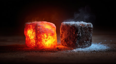 This striking image showcases the dynamic contrast between heat and cold, featuring glowing and frosty ice cubes set against a dark wooden surface.の素材