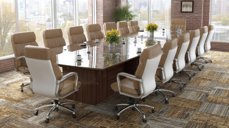 A stylish conference room showcasing a large wooden table surrounded by modern chairs, illuminated by ample natural light and city views.の素材