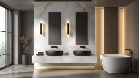 Discover an elegant modern bathroom with dual black sinks and a stylish freestanding tub. Natural light highlights chic design and luxurious ambiance perfect for relaxation.の素材